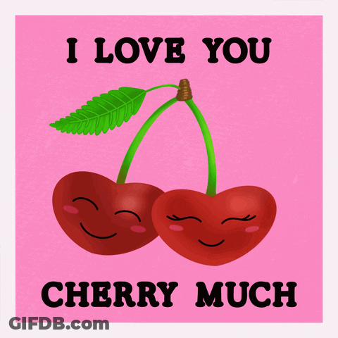 A Pink Poster With Two Cherries And The Words I Love You Cherry Much GIF