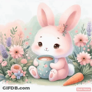 A Pink Rabbit Is Holding A Cup Of Coffee And A Carrot . GIF