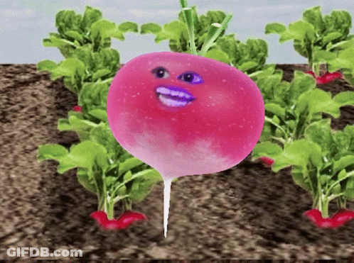 A Pink Radish With A Face On It Is Surrounded By Green Plants GIF