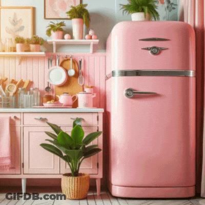 A Pink Refrigerator In A Kitchen With A Plant In Front Of It GIF