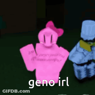 A Pink Robot With A Bow On Its Head Is Standing Next To A Blue Robot In A Dark Room . GIF