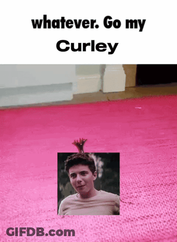A Pink Rug With A Picture Of A Boy On It And The Words Whatever Go My Curley GIF