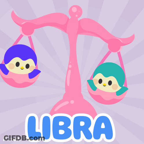 A Pink Scale With Two Penguins On It And The Word Libra GIF
