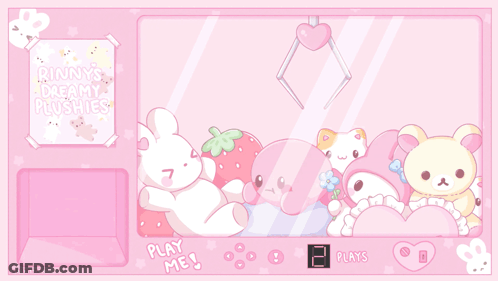 A Pink Screen With Stuffed Animals And The Words Play Me At The Bottom GIF