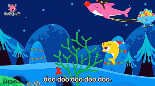 A Pink Shark Is Wearing A Santa Hat And Pulling A Sled GIF