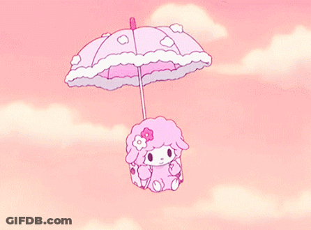 A Pink Sheep Is Flying Under A Pink Umbrella In The Sky GIF