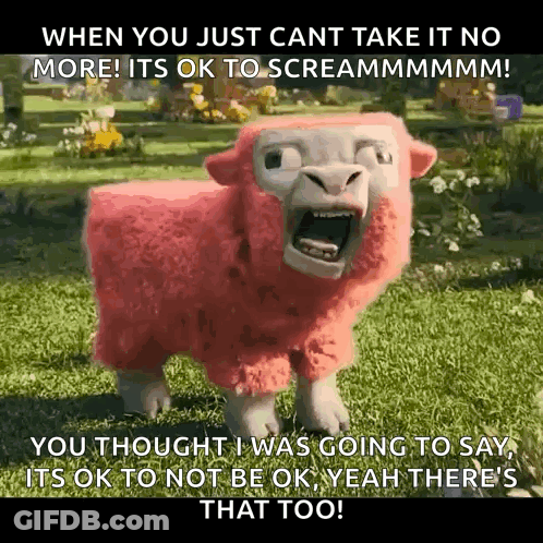 A Pink Sheep With Its Mouth Open Is Screaming In A Field GIF