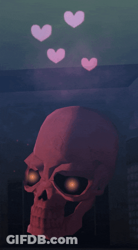 A Pink Skull With Hearts Coming Out Of It 'S Eyes GIF