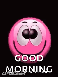 A Pink Smiley Face With A Black Background And The Words `` Good Morning '' . GIF