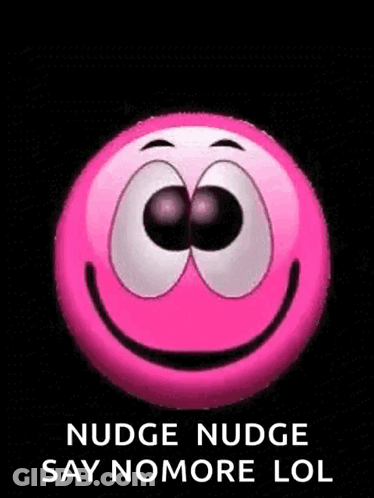 A Pink Smiley Face With Big Eyes And The Words `` Nudge Nudge Say Nomore Lol '' Written Below It . GIF