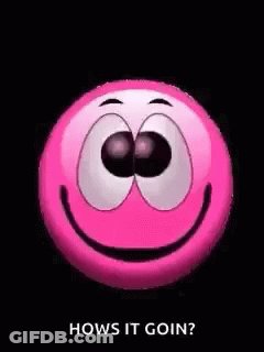 A Pink Smiley Face With Big Eyes Is Smiling And Says `` Hows It Goin '' . GIF