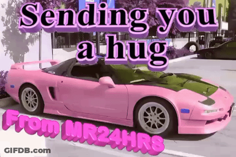 A Pink Sports Car With The Words " Sending You A Hug " On It GIF