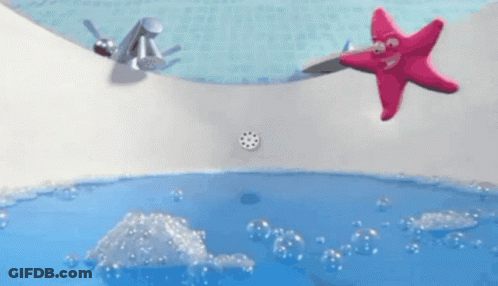 A Pink Starfish Is Floating In A Bathtub With Blue Water GIF