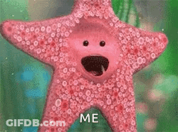 A Pink Starfish With A Face And A Mouth Is Standing In The Water . GIF