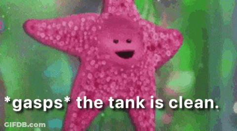 A Pink Starfish With A Face And The Words `` Gasps The Tank Is Clean '' Written On It . GIF