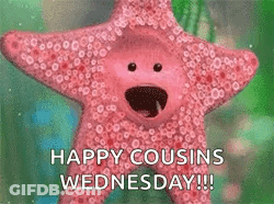 A Pink Starfish With A Face On It Is Saying `` Happy Cousins Wednesday !!! '' GIF