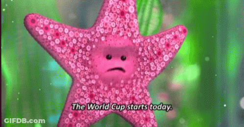 A Pink Starfish With A Face On It Is Talking About The World Cup Starting Today . GIF
