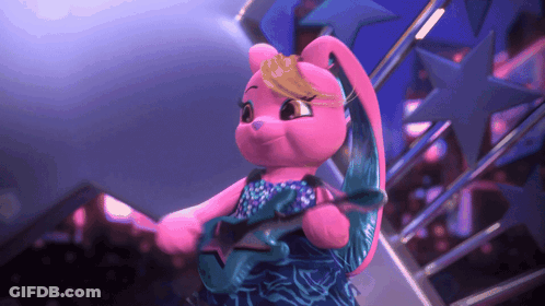 A Pink Stuffed Animal Is Holding A Star In Her Hand GIF