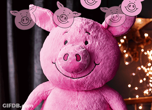 A Pink Stuffed Pig With A Bunch Of Pink Pigs On Its Head GIF