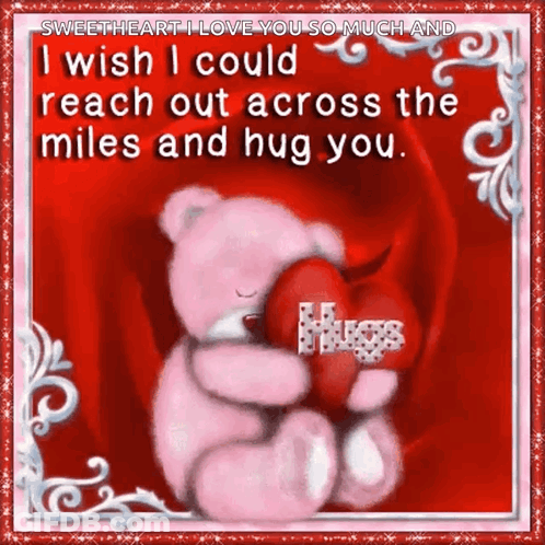 A Pink Teddy Bear Holding A Red Heart With The Words Sweetheart I Love You So Much GIF