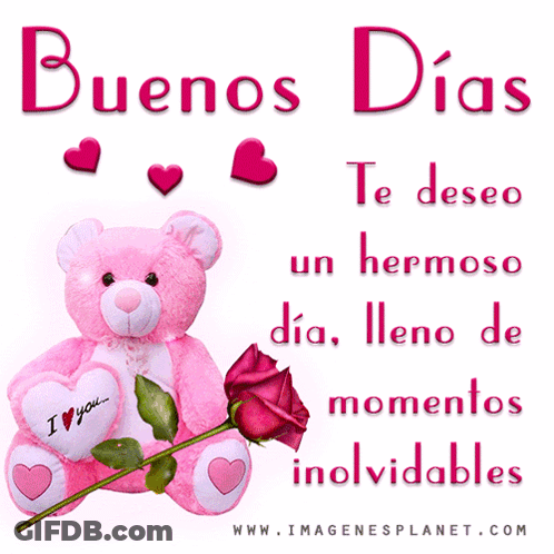 A Pink Teddy Bear Holding A Rose With The Words Buenos Dias Written Above It GIF
