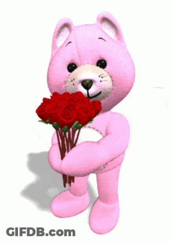 A Pink Teddy Bear Holds A Bouquet Of Red Roses GIF