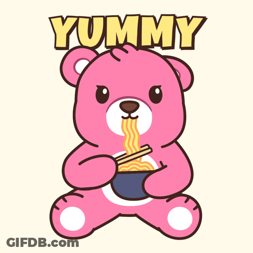 A Pink Teddy Bear Is Eating Noodles With Chopsticks And The Word Yummy Above Him GIF