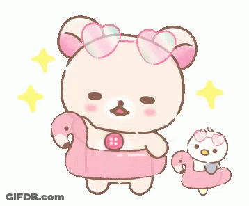 A Pink Teddy Bear Is Holding A Pink Flamingo Float And A Penguin Is Holding A Flamingo Float . GIF