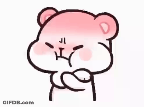 A Pink Teddy Bear Is Making A Funny Face With His Hands Folded . GIF