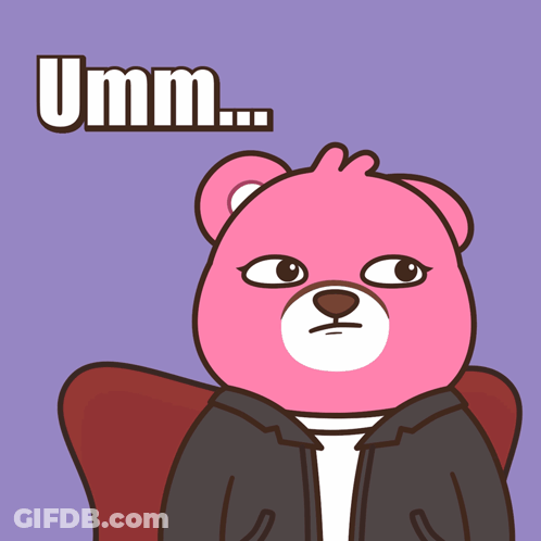 A Pink Teddy Bear Is Sitting In A Chair With The Word Umm Above It GIF