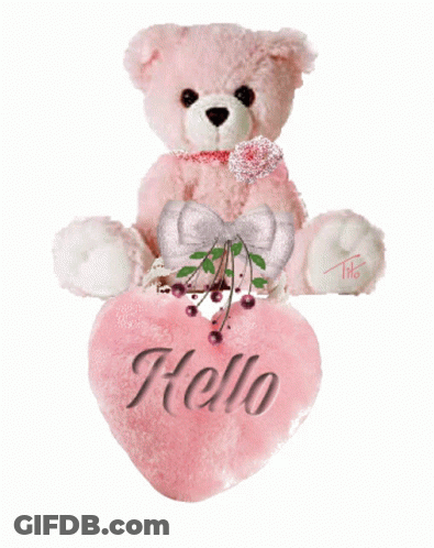 A Pink Teddy Bear Is Sitting Next To A Heart That Says Hello GIF