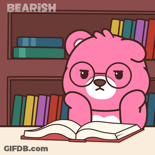 A Pink Teddy Bear Wearing Glasses Is Reading A Book In Front Of A Bookshelf That Says Bearish GIF