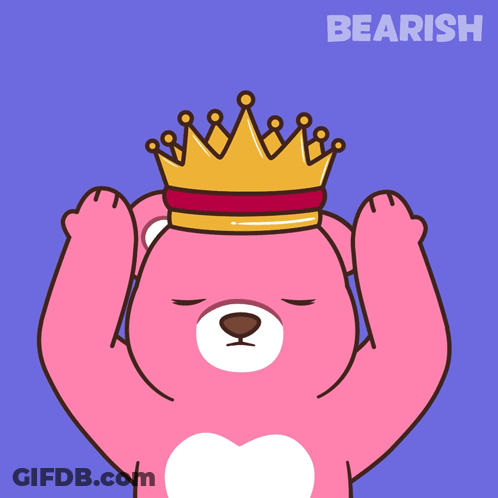 A Pink Teddy Bear With A Crown On Its Head With The Word Bearish Behind It GIF