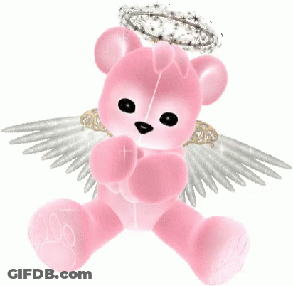 A Pink Teddy Bear With Angel Wings And A Halo Around Its Head GIF
