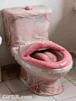 A Pink Toilet With A Woman 'S Lips And Tongue Sticking Out GIF
