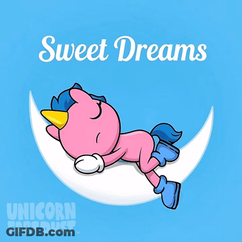 A Pink Unicorn Is Sleeping On A Crescent Moon With The Words Sweet Dreams Written Above It GIF