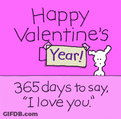 A Pink Valentine 'S Day Card With A Dog Holding A Sign That Says Happy Valentine 'S Year GIF