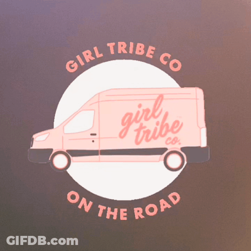 A Pink Van With The Words Girl Tribe Co. On The Road GIF