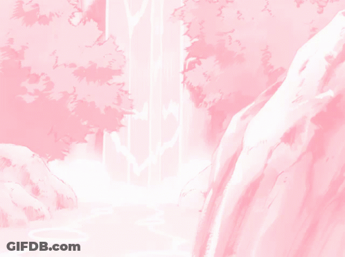 A Pink Waterfall Surrounded By Trees And Rocks GIF