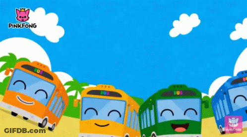 A Pinkfong Advertisement With Four Buses In A Line GIF