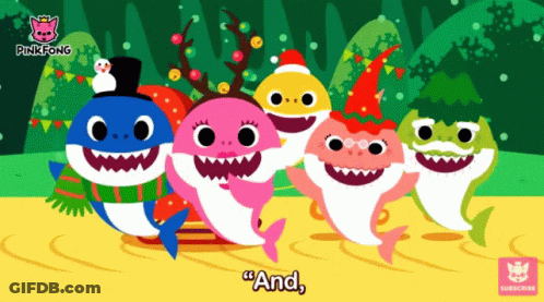 A Pinkfong Advertisement With Sharks Wearing Christmas Hats And Sweaters GIF