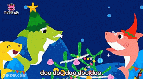 A Pinkfong Video Shows Three Sharks Decorating A Tree GIF