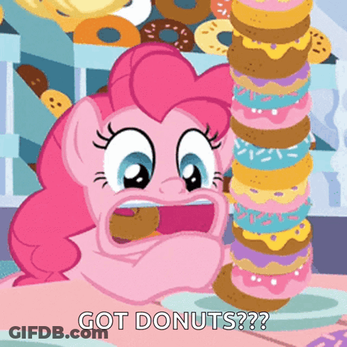 A Pinkie Pie From My Little Pony Eating A Stack Of Donuts GIF