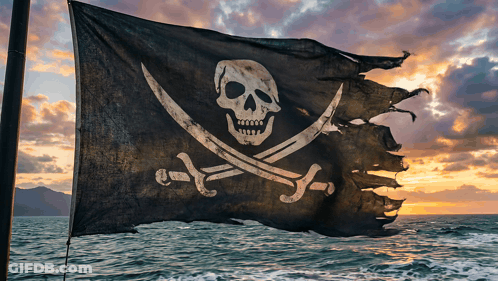A Pirate Flag With A Skull And Crossed Swords On It GIF