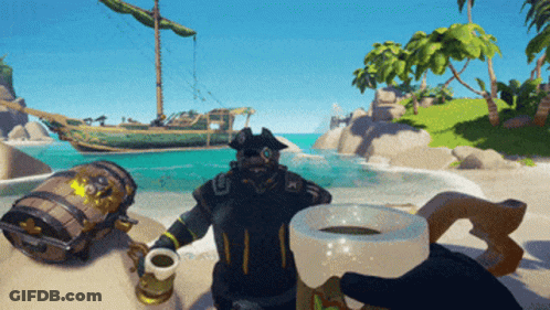 A Pirate Is Sitting On A Beach With A Cup Of Coffee GIF
