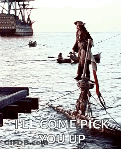 A Pirate Is Standing On The Side Of A Boat In The Water With A Ship In The Background . GIF