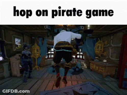 A Pirate Jumping In A Room With The Words Hop On Pirate Game On The Bottom GIF