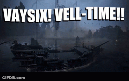 A Pirate Ship In The Water With The Words " Vaysix ! Vell-Time ! " Above It GIF