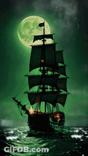 A Pirate Ship Is Floating In The Ocean At Night With A Full Moon In The Background GIF