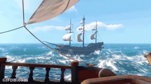 A Pirate Ship Is Floating In The Ocean With A White Sail GIF